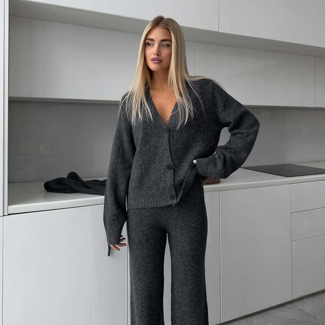 Damen eleganter Strick-Loungewear-Anzug mit weitem Bein Drune