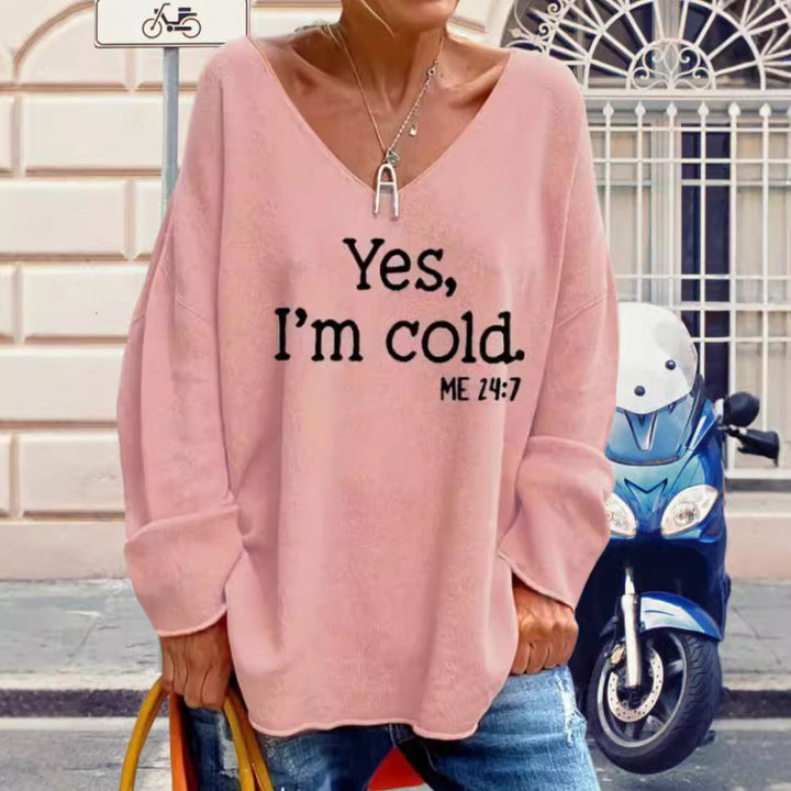 Damen Oversized Pullover mit modernem V-Ausschnitt und aufgedrucktem Statement Drune