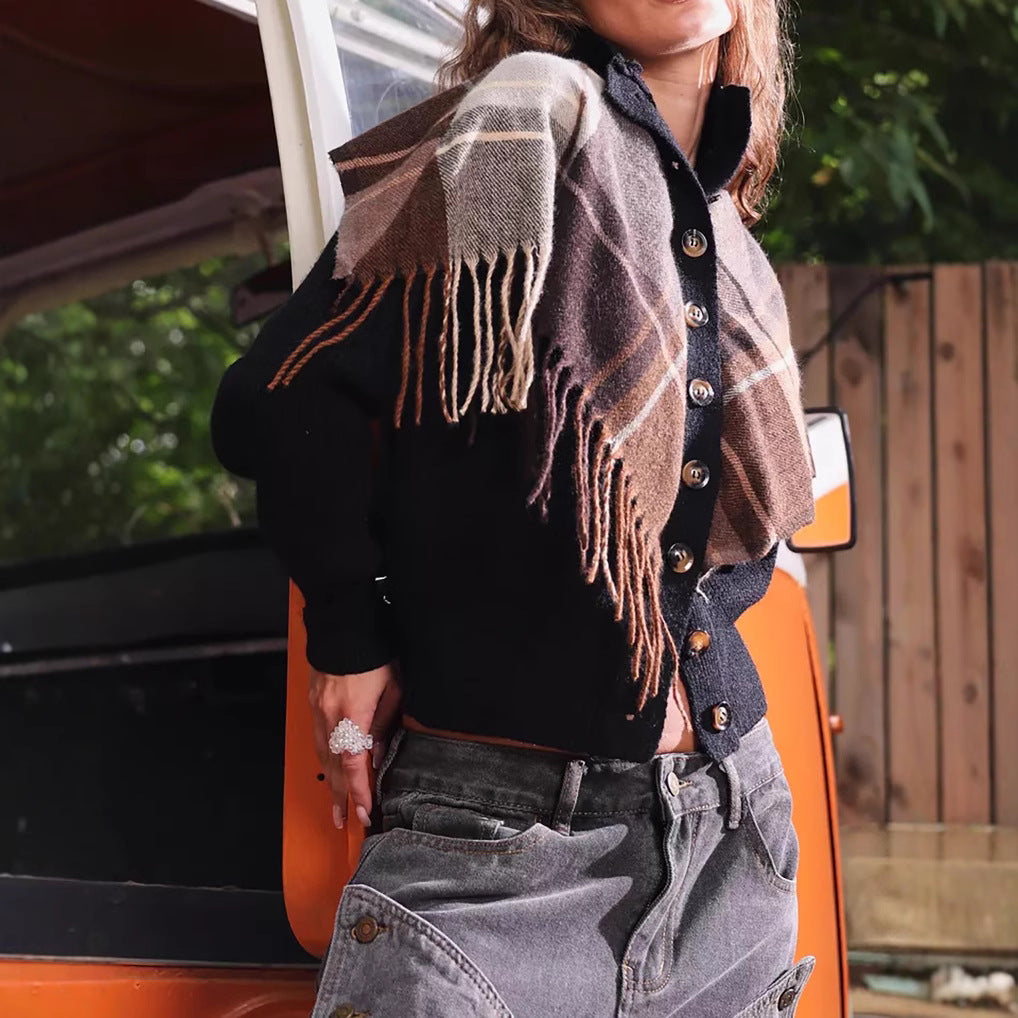 Damen eleganter Cardigan mit Fransen und dekorativen Knöpfen Drune