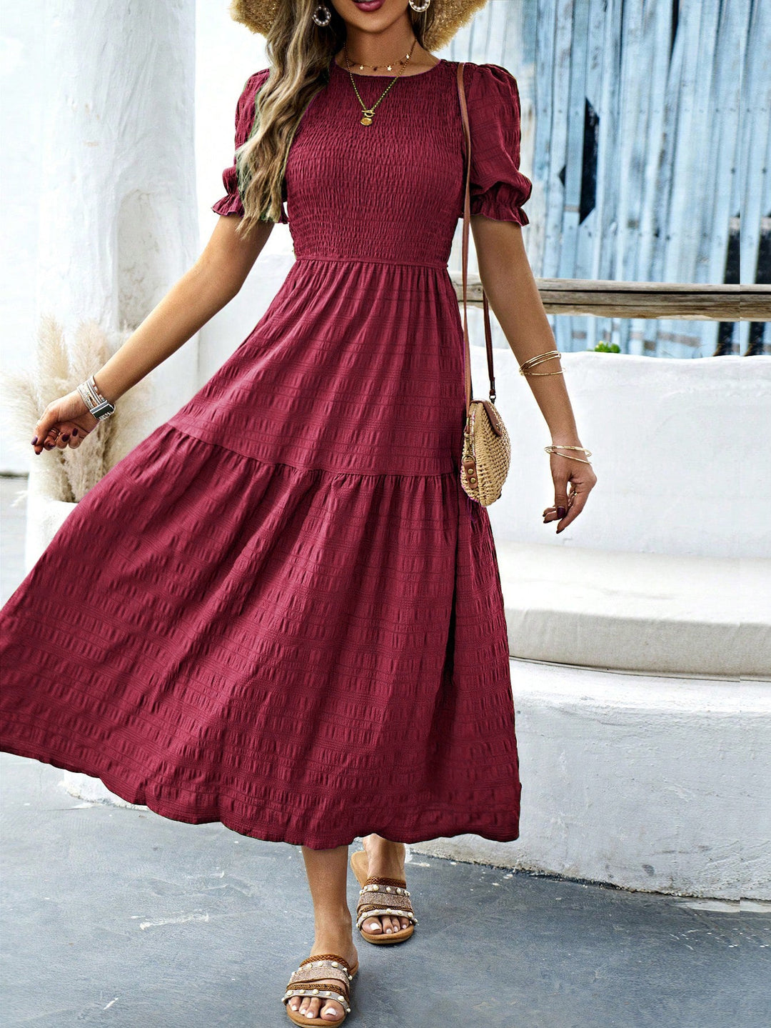 Damen Midikleid mit elastischem Taillenbund und schwingendem Rock Drune