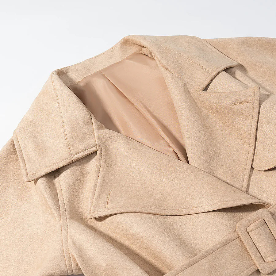 Damen modische cropped Jacke mit breitem Revers und tailliertem Gürtel Drune