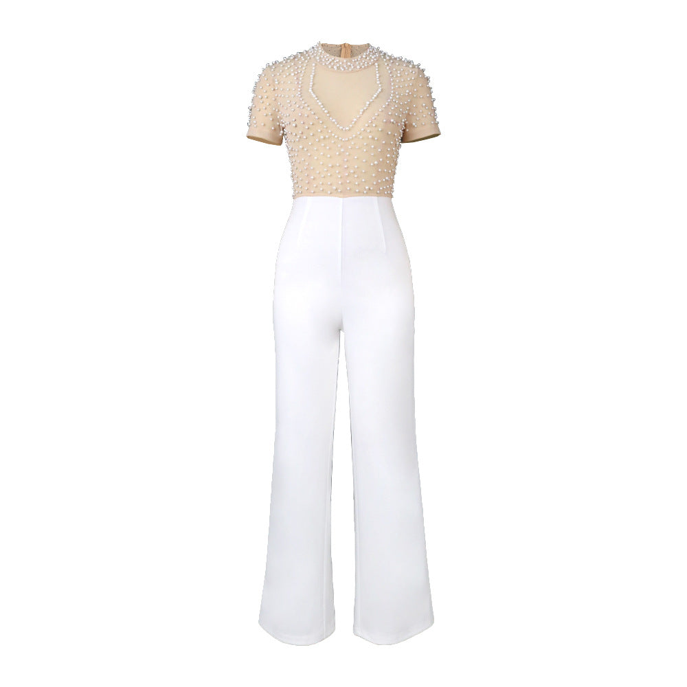 Damen eleganter Jumpsuit mit glitzernden Perlenakzenten Drune