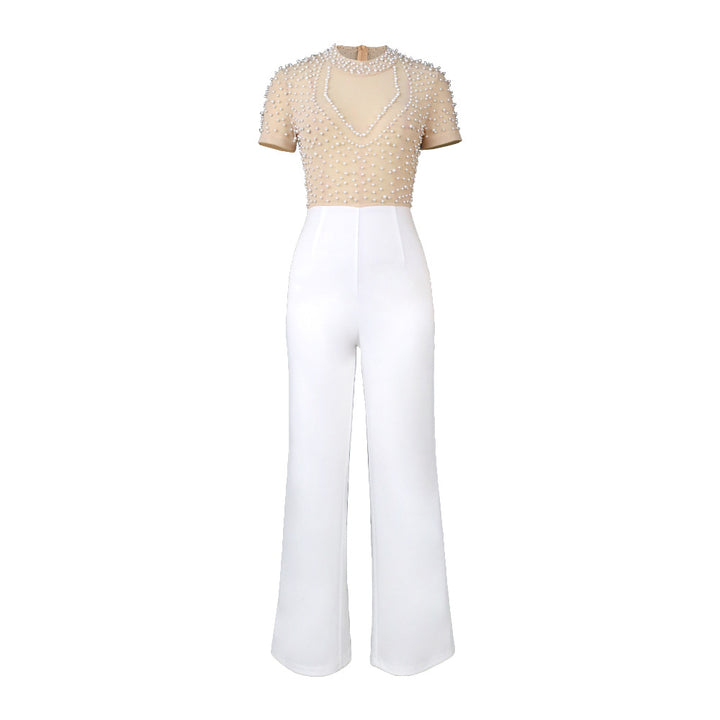 Damen eleganter Jumpsuit mit schimmerndem Perlen-Besatz Drune