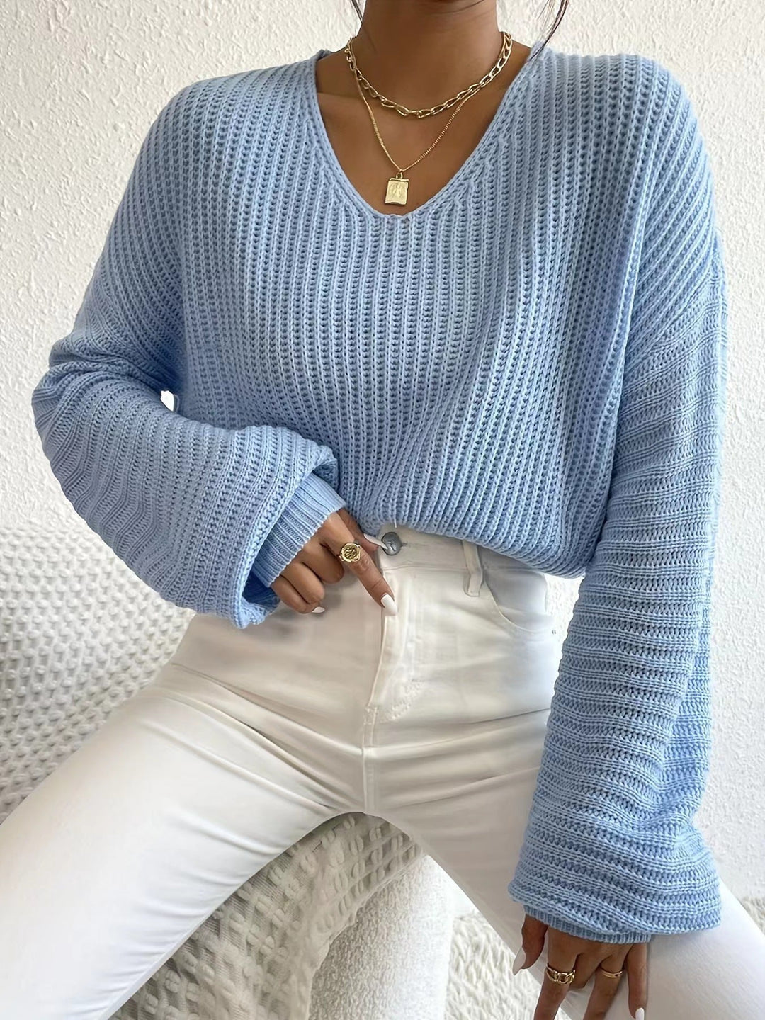 Damen V-Pullover mit weiten Ärmeln und strukturiertem Strickmuster Drune