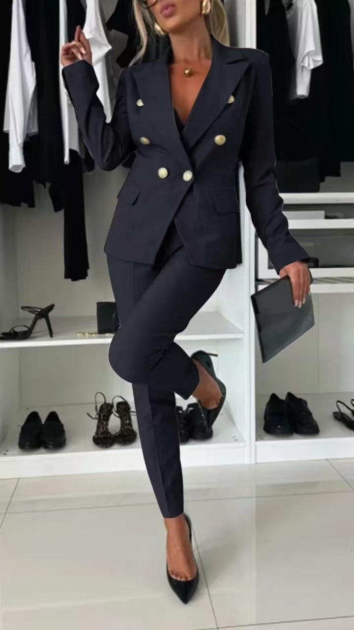 Damen nan taillierter Doppelreihiger Blazer mit goldknöpfen und schlanker Anzughose Drune