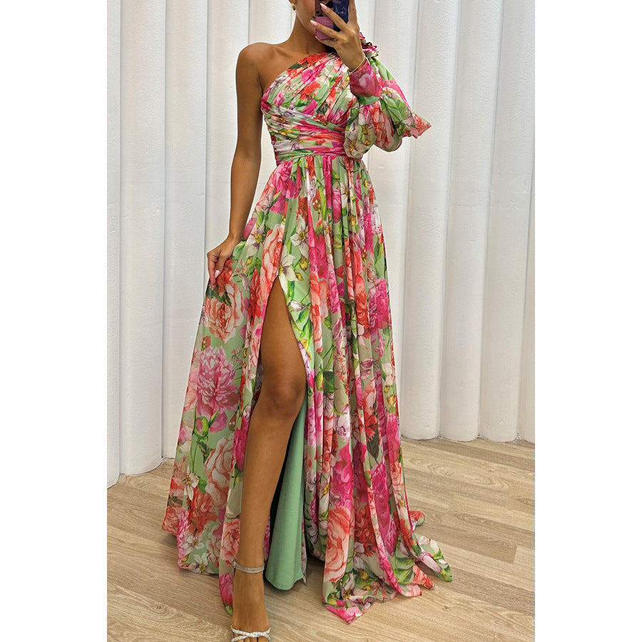Damen Maxikleid mit asymmetrischem Schnitt und floralen Applikationen Drune