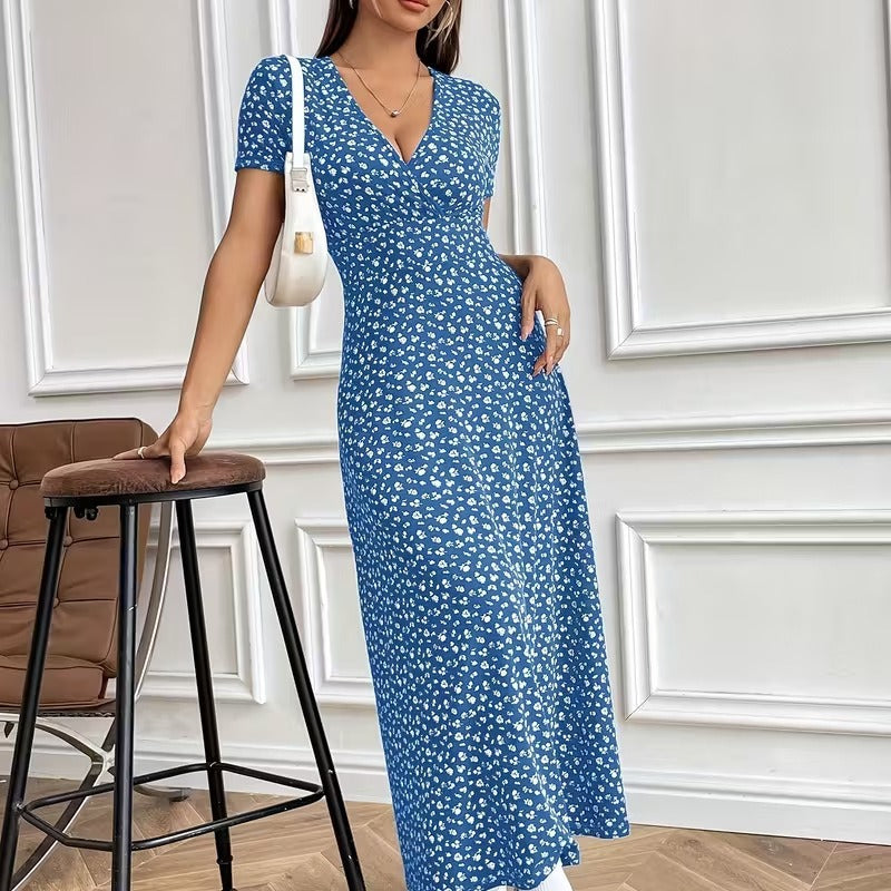Damen Maxikleid mit vorteilhaftem V-Ausschnitt und floralem Muster Drune