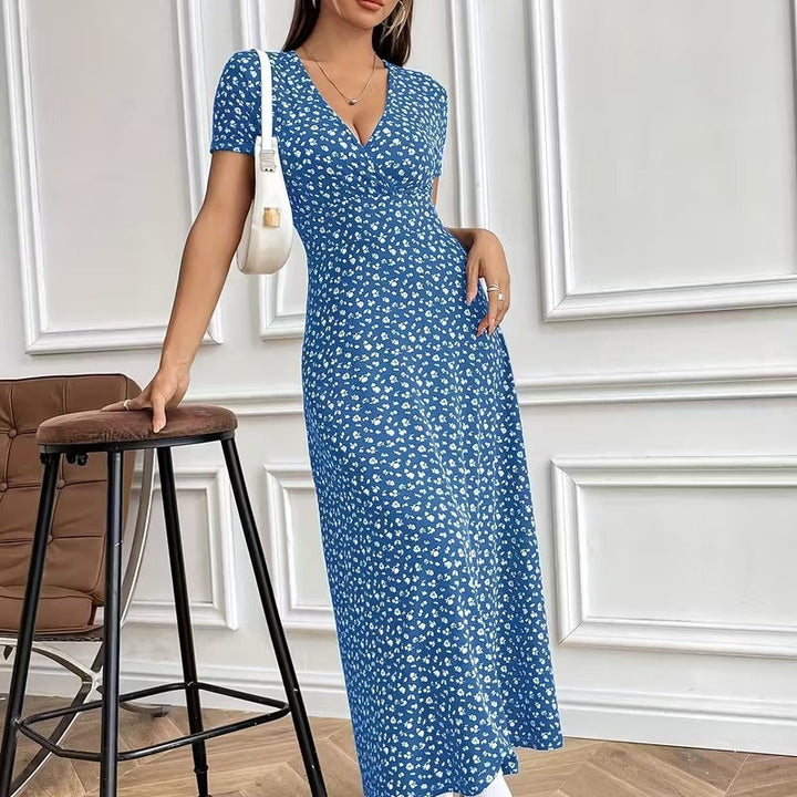 Damen Maxikleid mit vorteilhaftem V-Ausschnitt und floralem Muster Drune