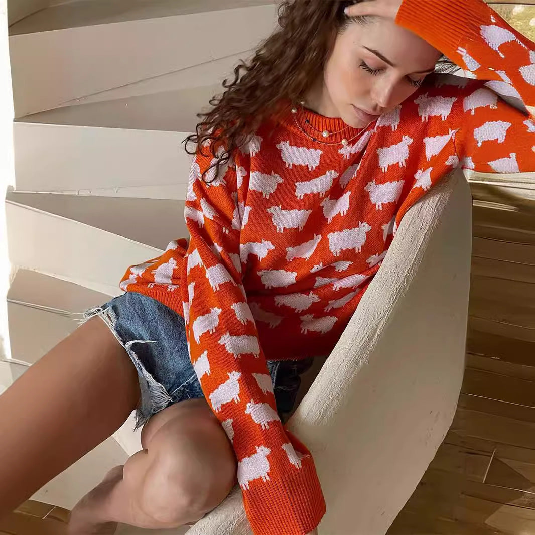 Damen Gemütlicher Pullover mit kreativem Schafe-Muster Drune