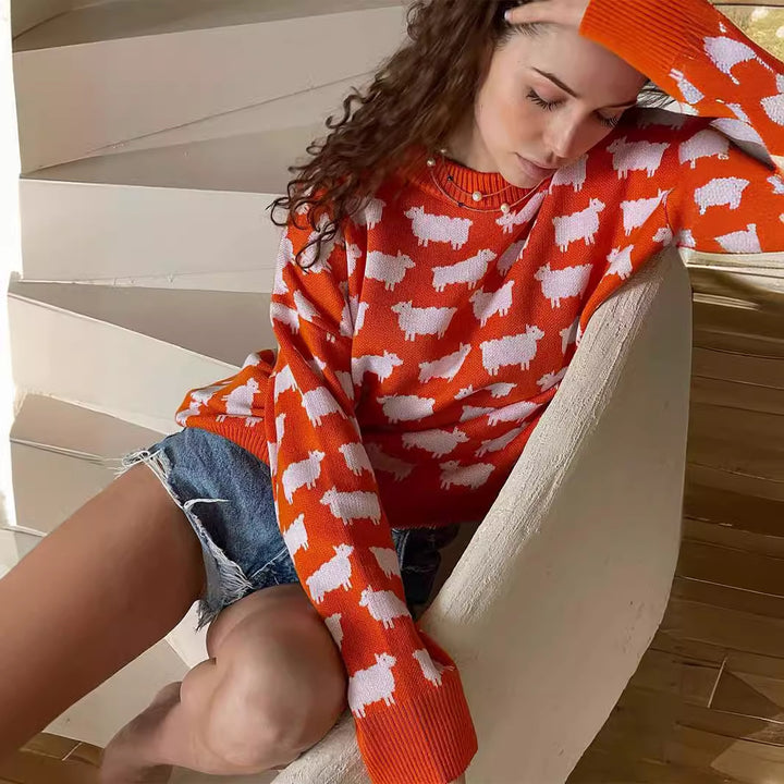 Damen Gemütlicher Pullover mit kreativem Schafe-Muster Drune