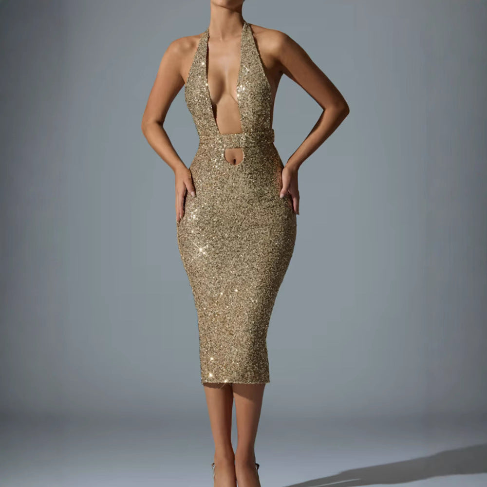 Damen Glamouröses Pailletten-Midi-Kleid mit tiefem V-Ausschnitt und figurbetonter Silhouette Drune