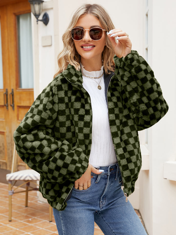 Damen Plüschjacke mit Karomuster und hohem Kragen Drune