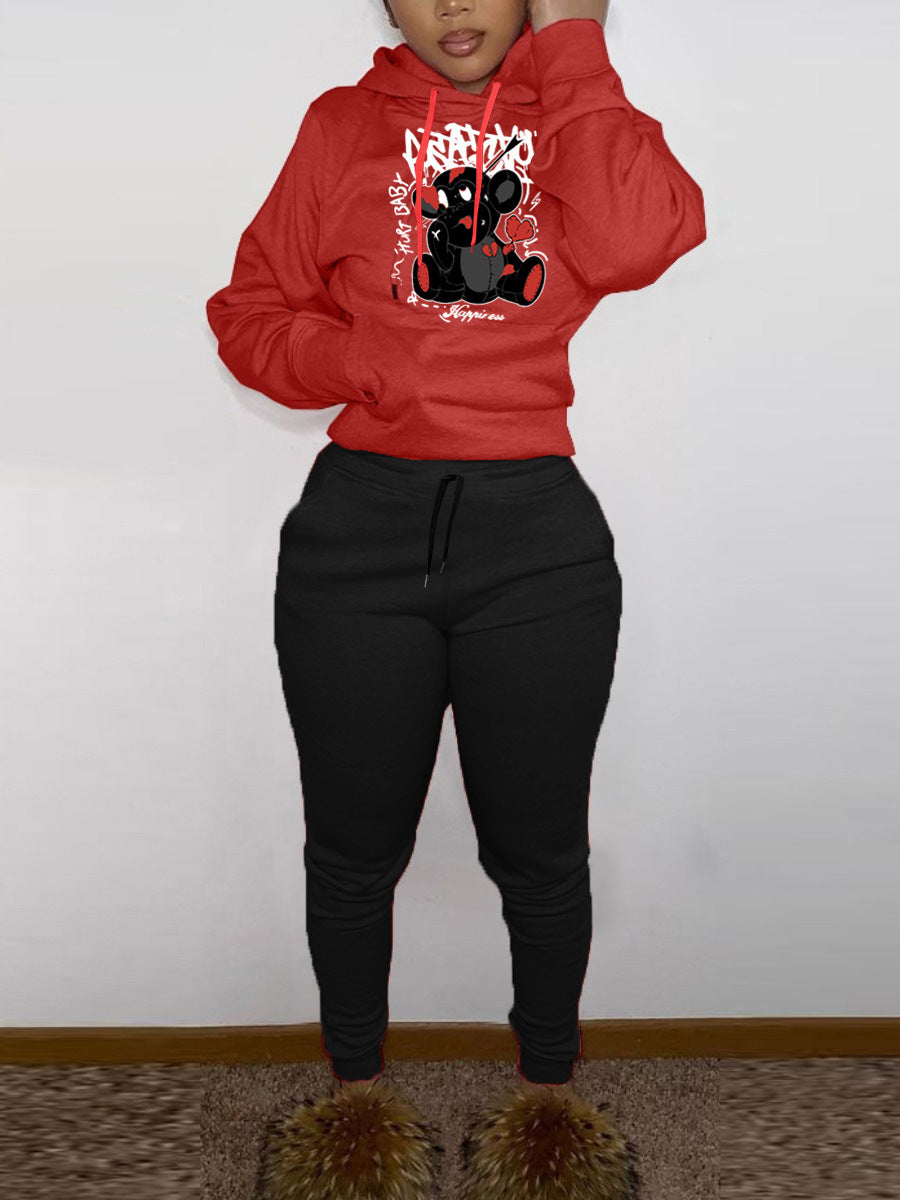 Damen Sportliches Kapuzensweatshirt und Jogginghose Set mit niedlichem Muster Drune