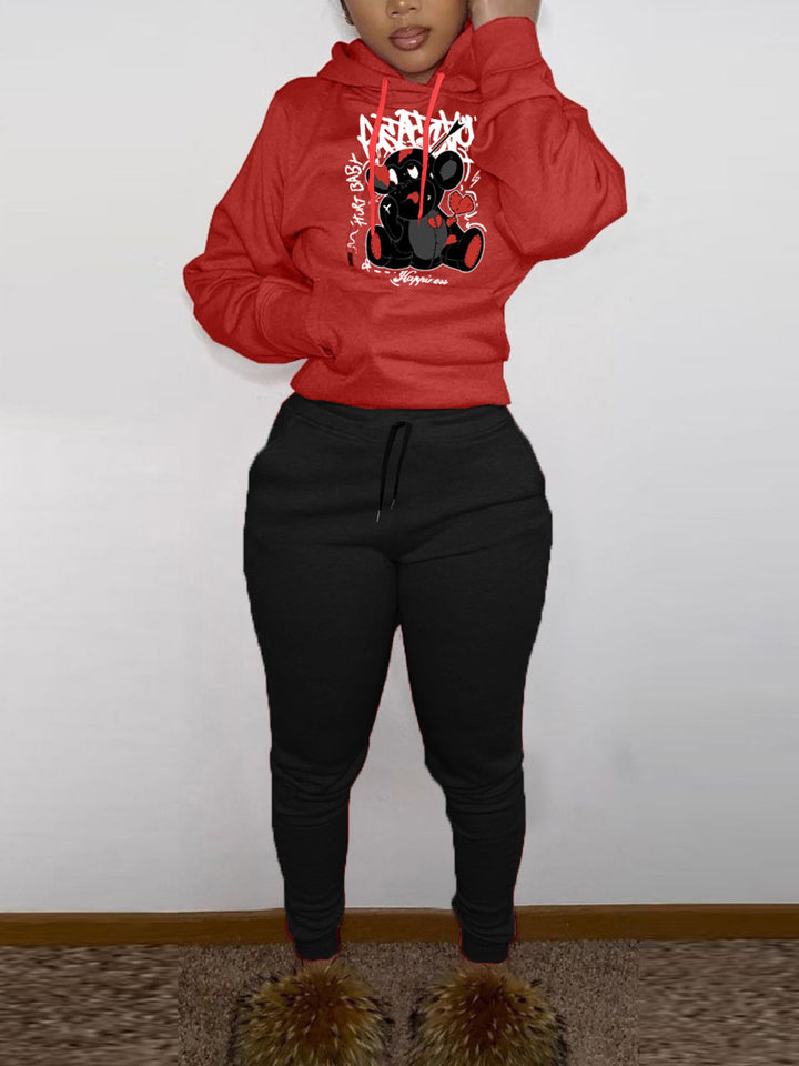 Damen Sportliches Kapuzensweatshirt und Jogginghose Set mit niedlichem Muster Drune