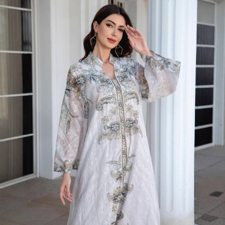 Damen Elegante Kaftan mit floralem Design und transparenten Ärmeln Drune