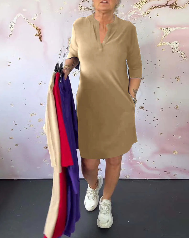 Damen nan knielanges legeres Jerseykleid mit Stehkragen und V-Ausschnitt Drune