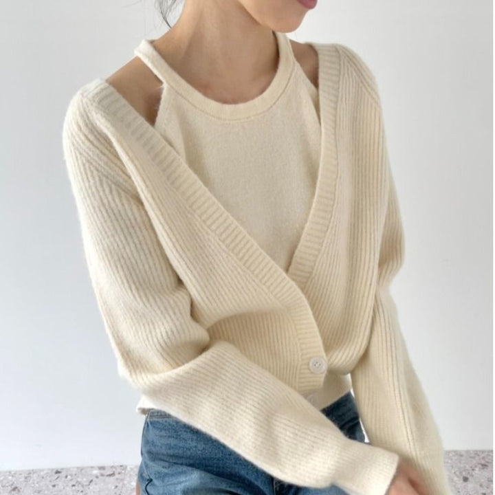 Damen lässiger Pullover mit tiefem V-Ausschnitt und Knopfdetails Drune