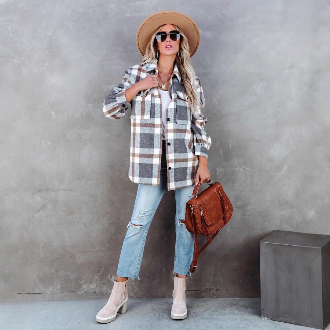 Damen Karierte Overshirtjacke mit lässigem Schnitt und Taschen Drune