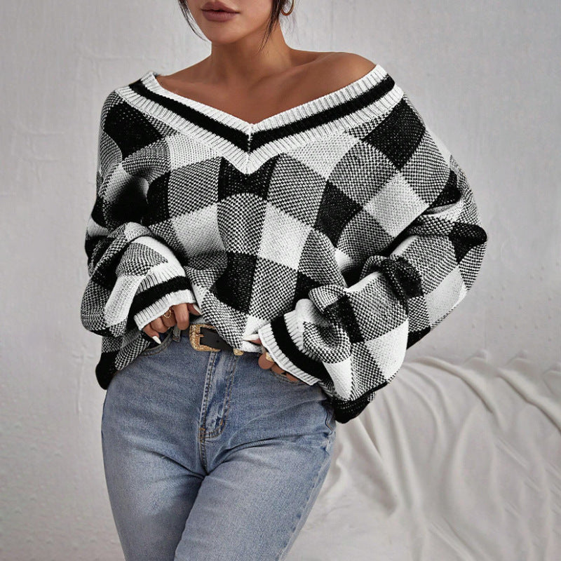 Damen Off-Shoulder Pullover im Karomuster mit langen Ärmeln Drune