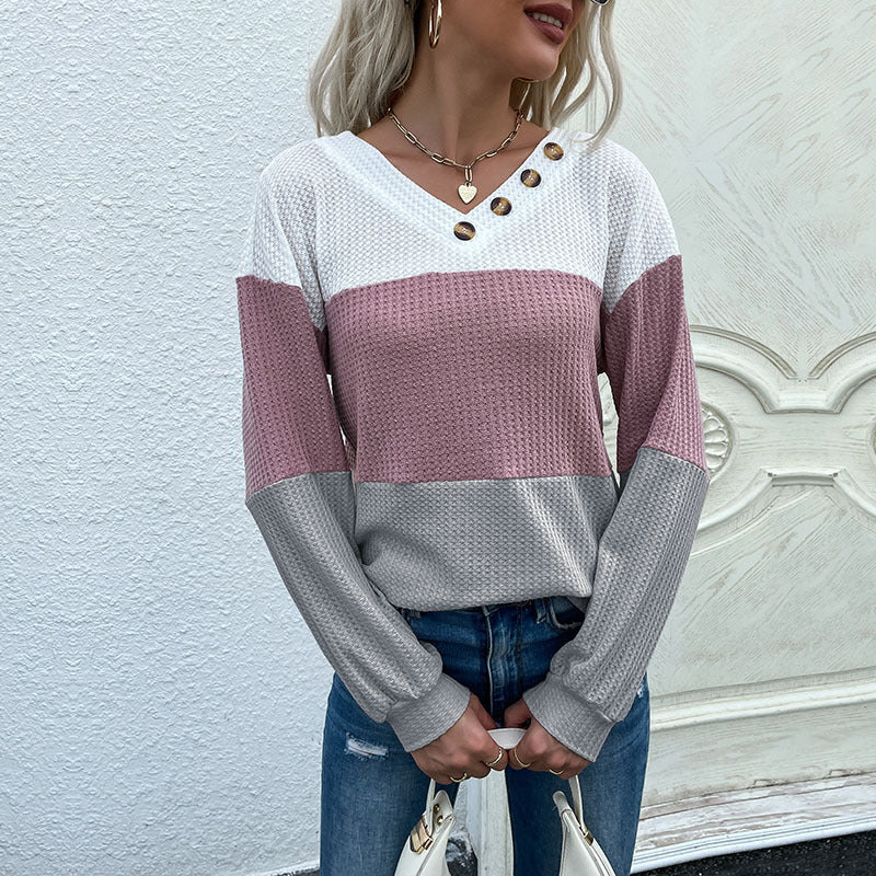 Damen lässiger V-Ausschnitt Pullover mit Modischem Strukturmuster und Knopfdetails Drune