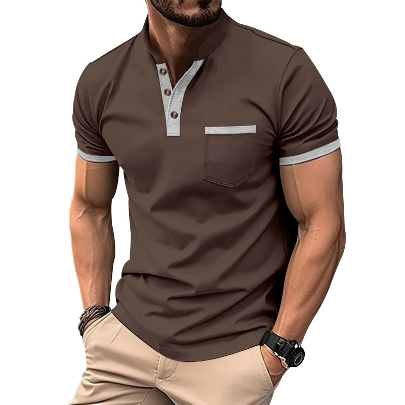 Herren Kurzarm-Henley-T-Shirt mit Button-Down-Kragen und Brusttasche Drune