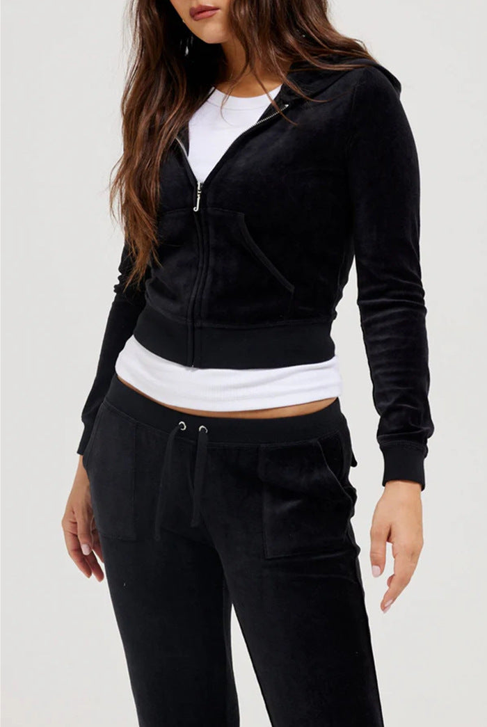 Damen Cropped Fleecejacke mit Kapuze Drune
