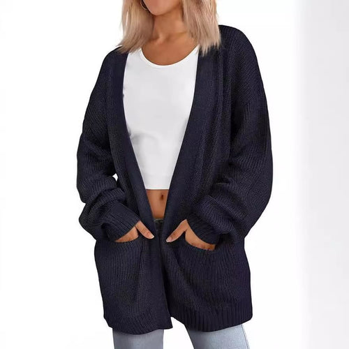 Damen lässige Strickjacke mit weiten Ärmeln und tiefem V-Ausschnitt Drune