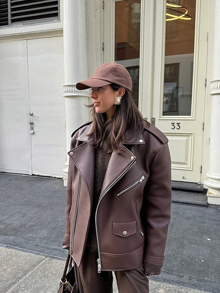 Damen Kunstleder Bikerjacke mit erhöhtem Kragen und elegantem Schnitt Drune