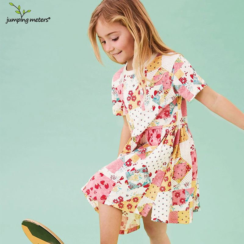 Mädchen Kurzarm Kleid mit fröhlichem Patchwork-Design Drune