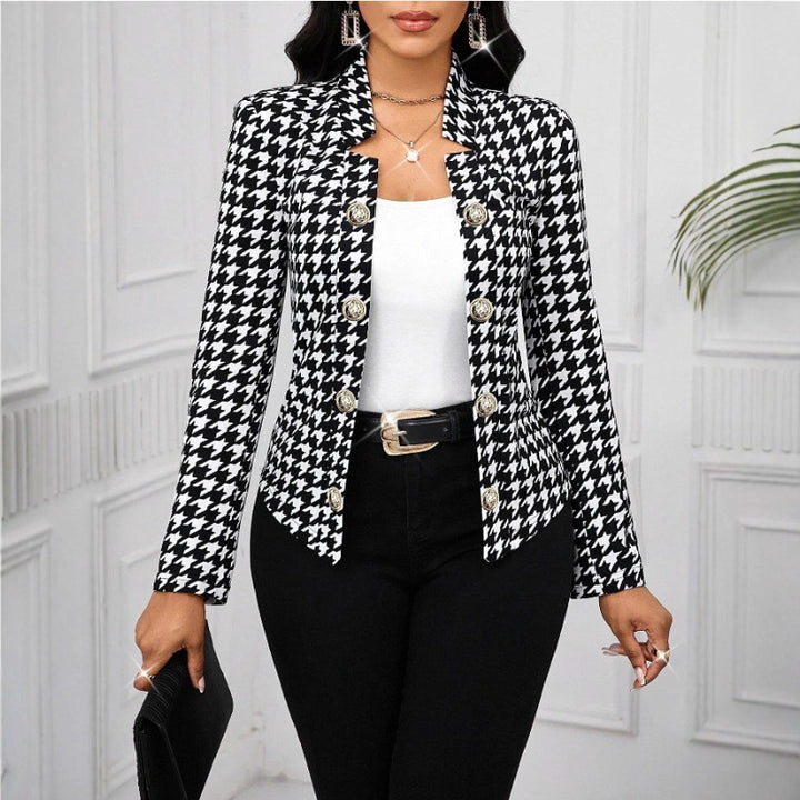 Damen Elegante Blazerjacke im Hahnentritt-Muster mit glänzenden Knöpfen Drune