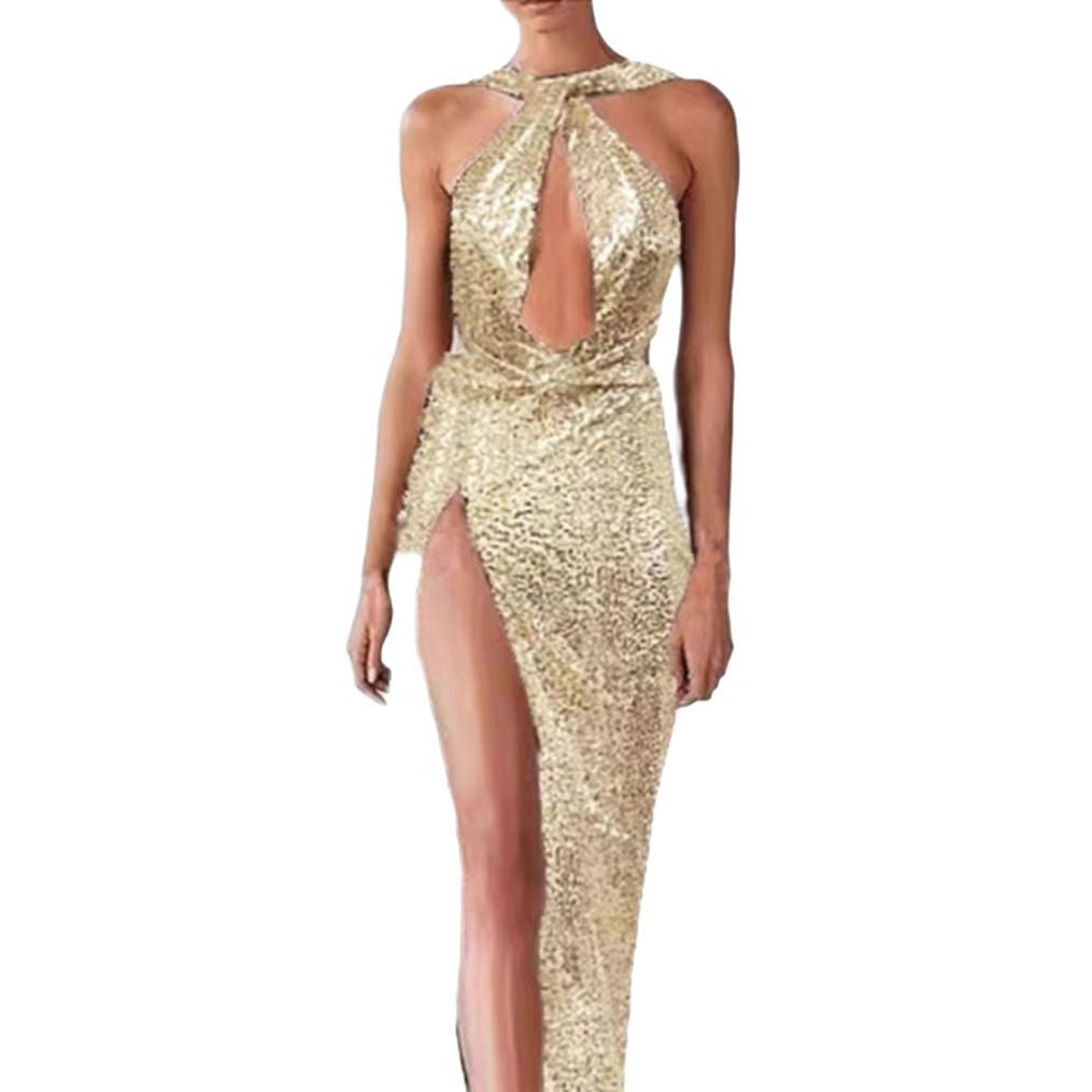 Damen Schimmerndes Cut-Out Abendkleid mit hohem Bein-Schlitz Drune