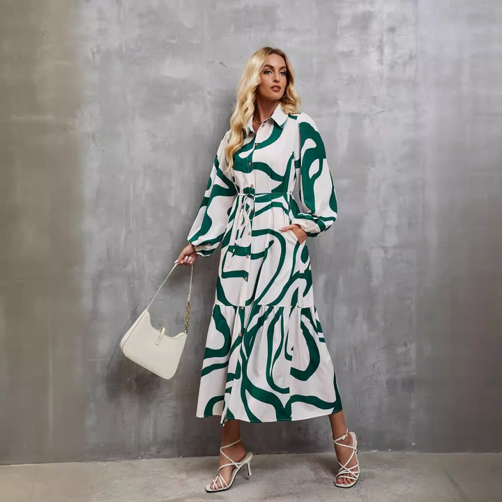 Damen Langarm Kleid mit raffiniertem Grafikdesign und elegantem Taillengürtel Drune