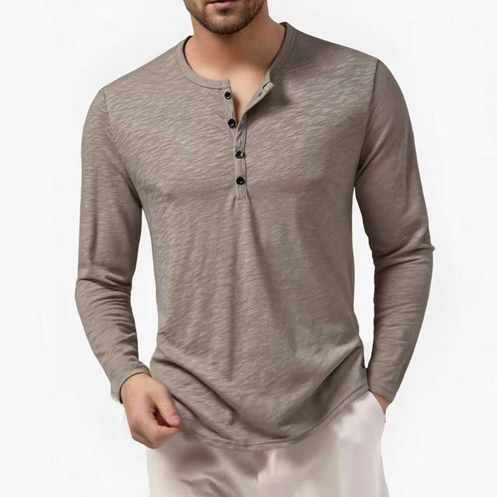 Herren nan Slim-Fit Henley Langarmshirt mit kurzem Knopfverschluss und abgerundetem Saum Drune