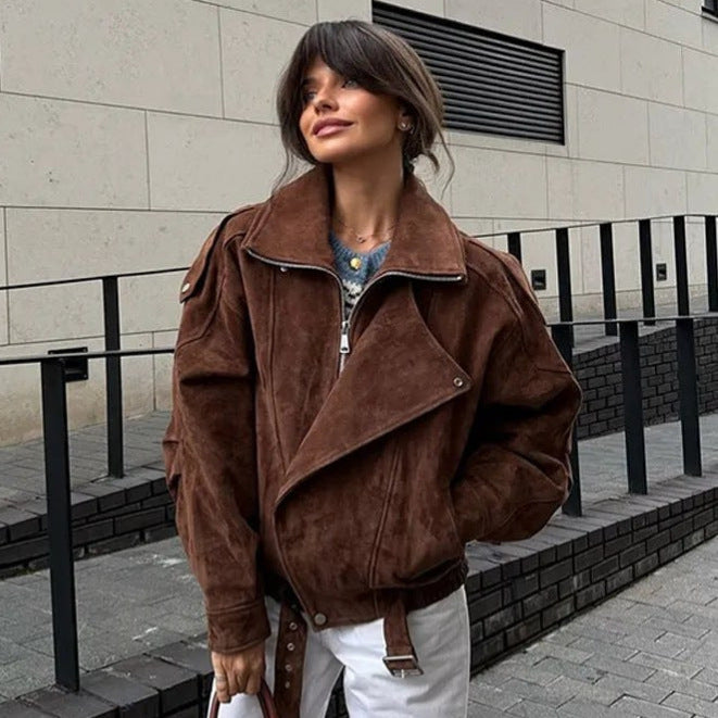 Damen nan oversized Velours-Bikerjacke mit Stehkragen, Schulterklappen und taillierbarem Hüftgürtel Drune