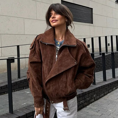 Damen nan oversized Velours-Bikerjacke mit Stehkragen, Schulterklappen und taillierbarem Hüftgürtel Drune