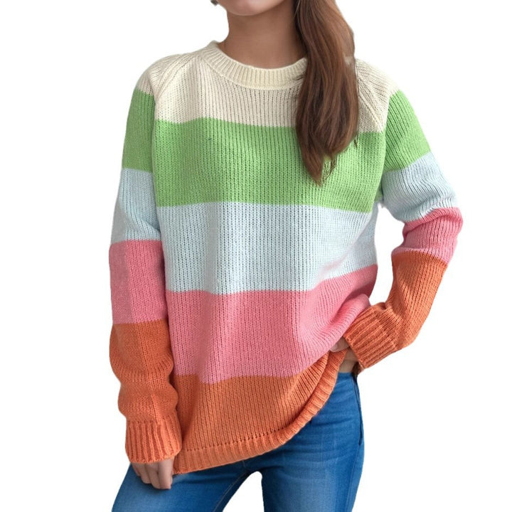 Damen gestreifter Strickpullover mit lässigem Schnitt und buntem Design Drune