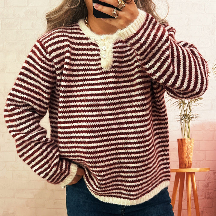 Damen lässiger Streifenpullover mit Knopfleiste und Rundhalsausschnitt Drune
