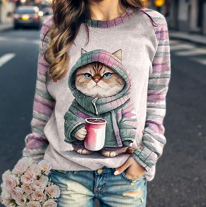 Damen Sweatshirt mit Katzenmotiv Drune