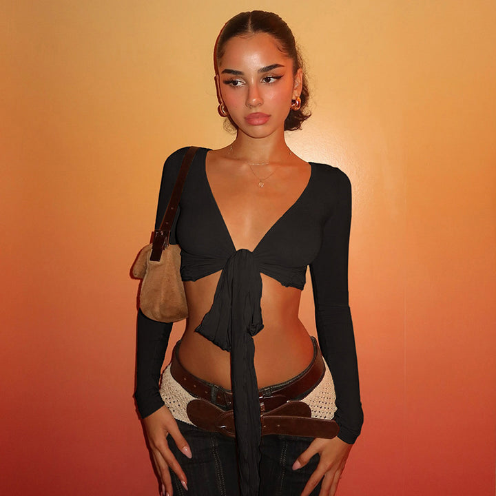 Damen Crop-Top mit verspieltem Bindeband und langen Ärmeln Drune