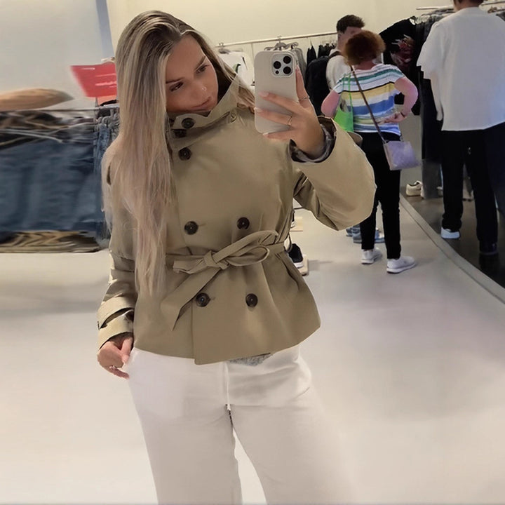 Damen stylische Übergangsjacke mit hohem Kragen und Taillengürtel Drune