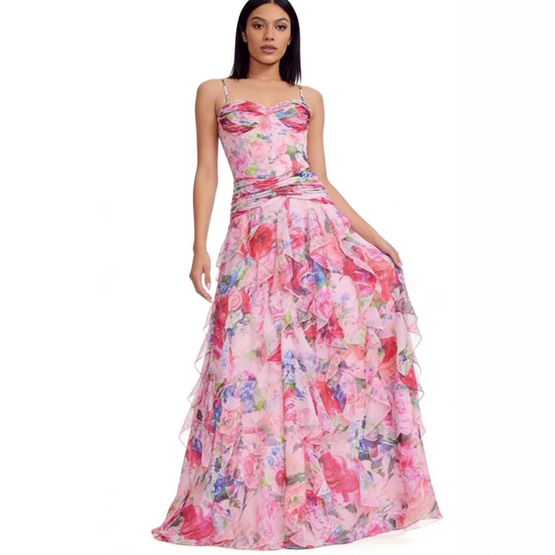 Damen Maxikleid mit floralen Rüschen und trägerlosem Oberteil Drune