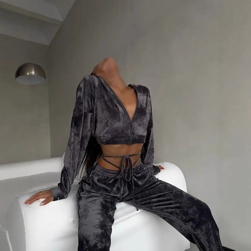 Damen modischer Samt-Jogginganzug mit cropped Hoodie Drune