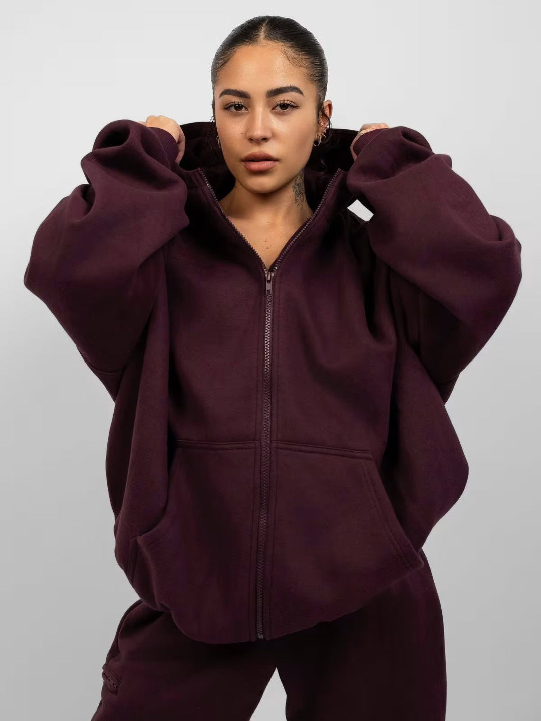 Damen sportliches Fleece-Hoodie-Set mit Reißverschluss und weiten Hosen Drune