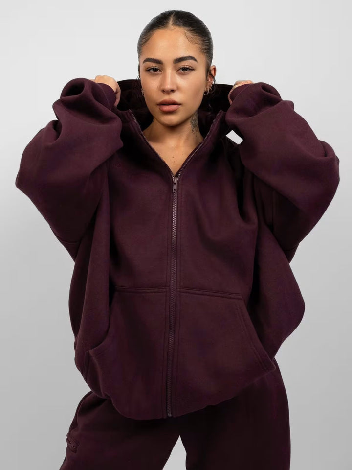 Damen sportliches Fleece-Hoodie-Set mit Reißverschluss und weiten Hosen Drune