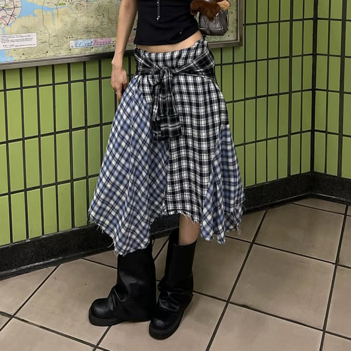 Damen asymmetrischer karierter Rock mit Bindegürtel Drune
