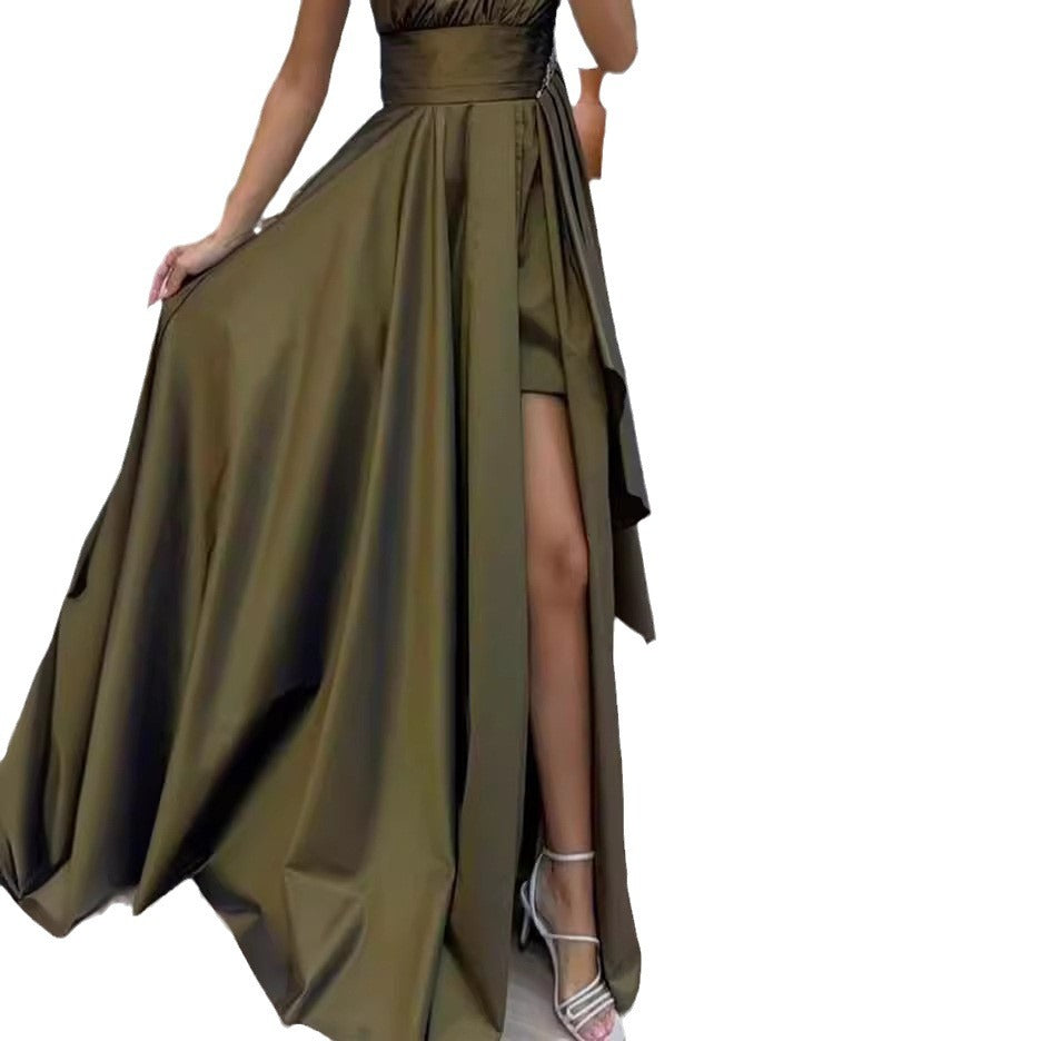 Damen asymmetrisches Maxikleid mit elegantem Schnitt und hohem Schlitz Drune