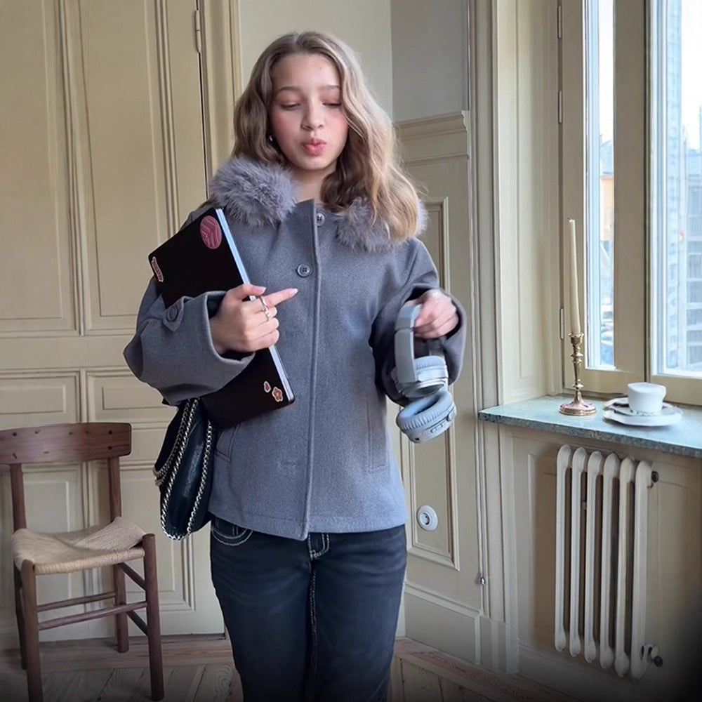 Damen modische Übergangsjacke mit luxuriösem Kunstpelzkragen Drune