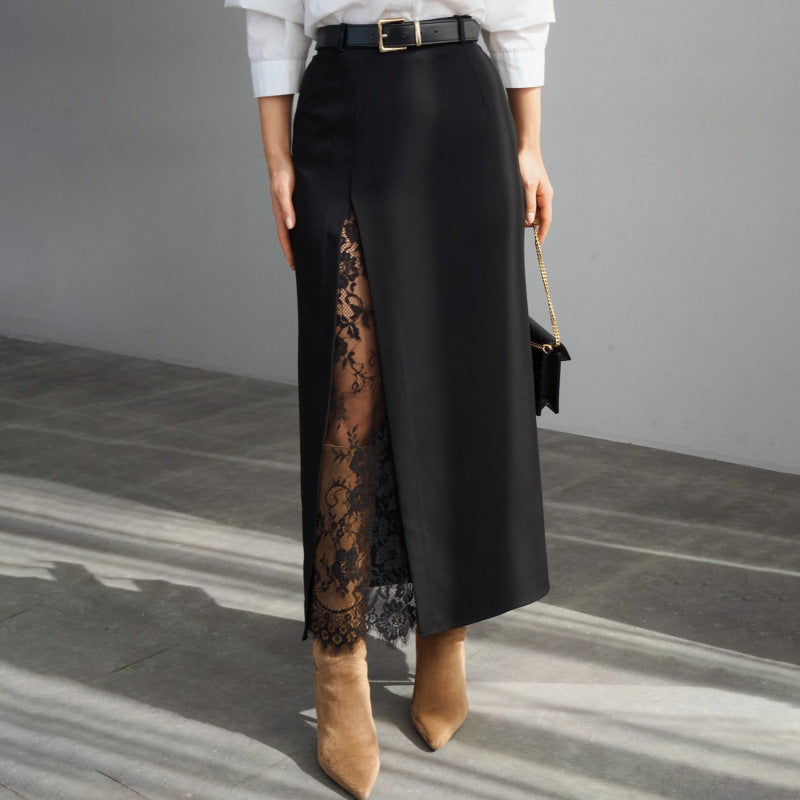 Damen Eleganter Maxirock mit transparentem Spitzeneinsatz und seitlichem Schlitz Drune