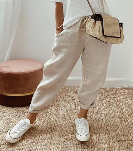 Damen lässige Leinenhose mit körpernaher Passform und praktischen Taschen Drune