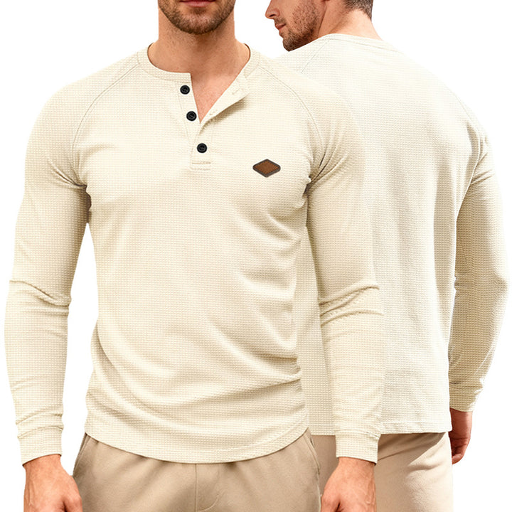 Herren nan Waffelstrick-Henley Langarmshirt mit Raglanärmeln, Halbknopfleiste und Lederlabel Drune